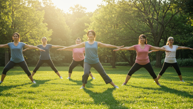 Diverse adults in a sunlit park enjoying a gentle, pain-friendly exercise class with yoga and Tai Chi for chronic pain relief.